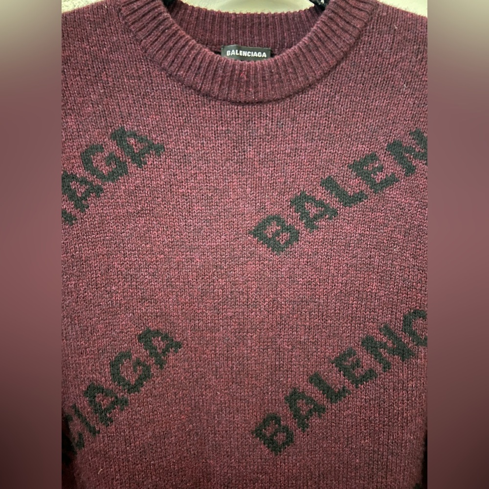 BALENCIAGA Oversized Wool Logo Jacquard Knit Sweater Burgundy & Black Sz XS